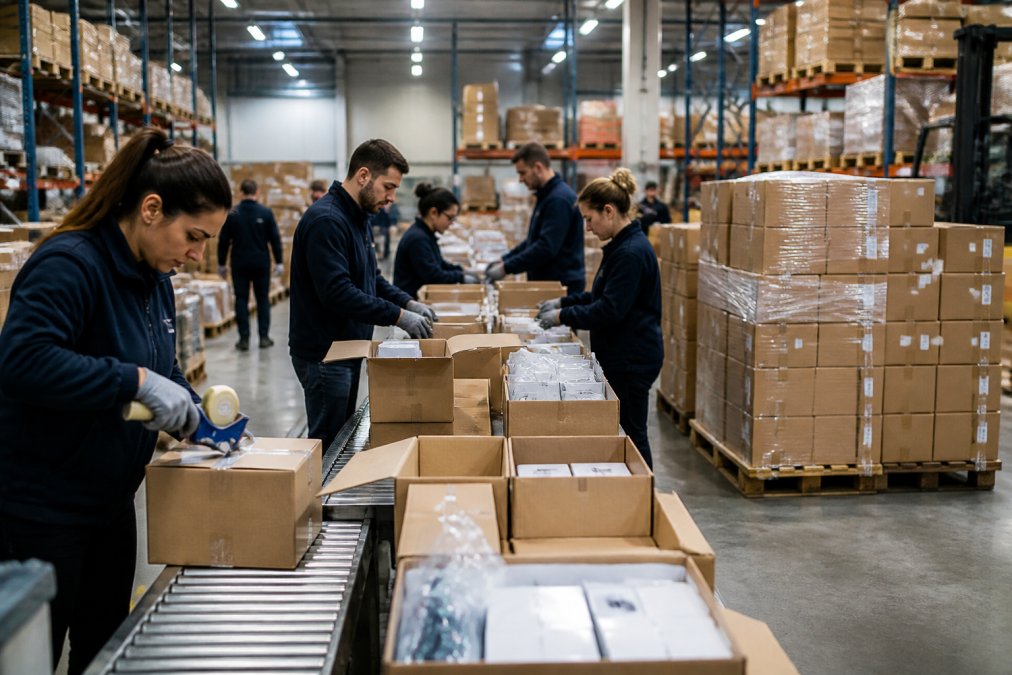 Magazzino durante il picco natalizio con operai che preparano ordini su linee di confezionamento, scatole impilate su pallet, coordinamento efficiente sotto luci fluorescenti