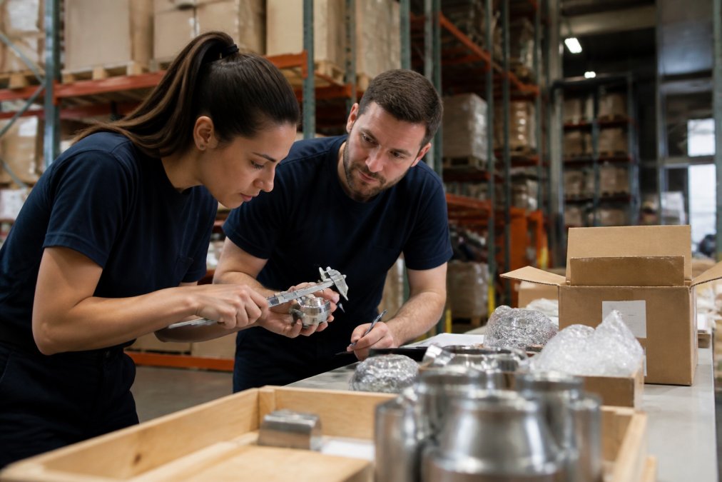 Operai esperti che eseguono controllo qualità su prodotti in magazzino, verificando dettagli con strumenti di misurazione, concentrati sul loro lavoro sotto illuminazione chiara
