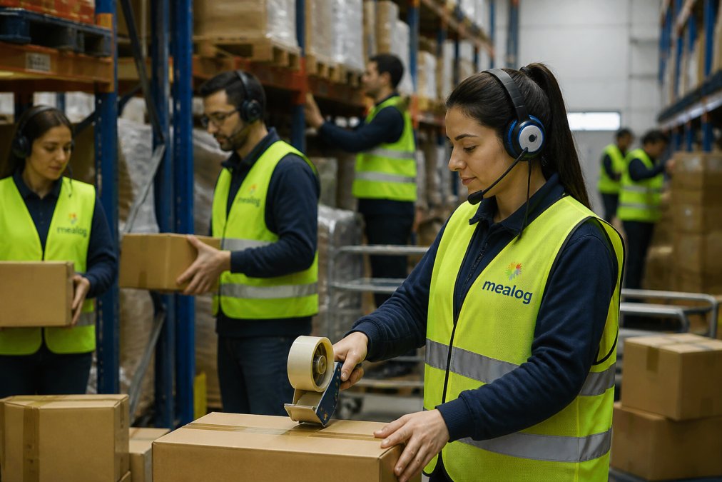 Team di operai in magazzino che lavora attivamente con pacchi e scaffali durante un periodo di picco, con persone che collaborano in un ambiente logistico ben organizzato, indossando giubbetti di sicurezza e cuffie