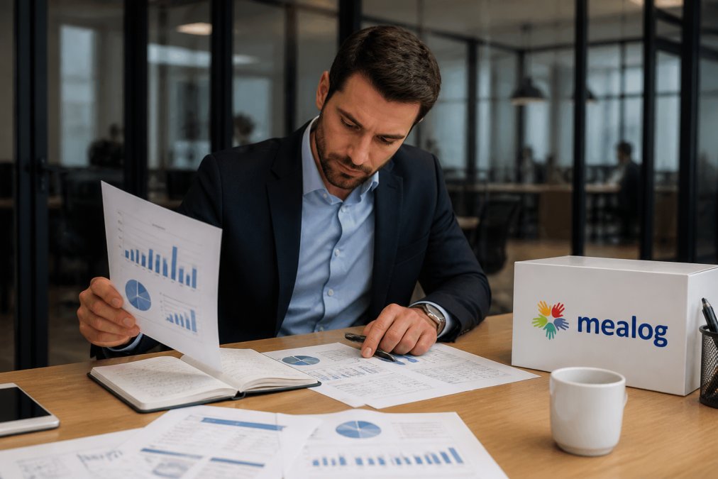 Manager che esamina documenti e analizza dati su una scrivania in ufficio, con fogli di calcolo, grafici e diagrammi visibili, rappresentando il processo decisionale strategico per l'outsourcing