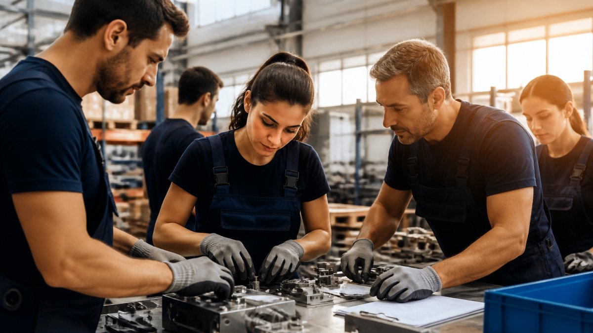 Team di operai qualificati che lavorano insieme in un ambiente di produzione con attrezzature di assemblaggio, concentrati su un compito di controllo qualità sotto illuminazione naturale di un magazzino moderno