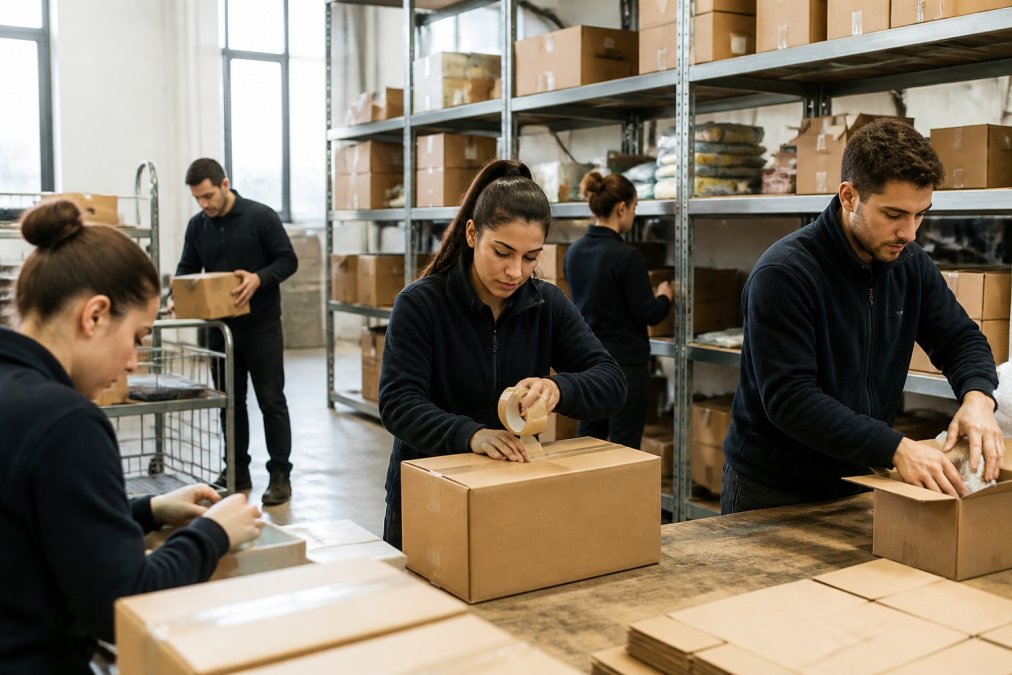 Operatori al lavoro in un magazzino durante la preparazione e il confezionamento degli ordini stagionali