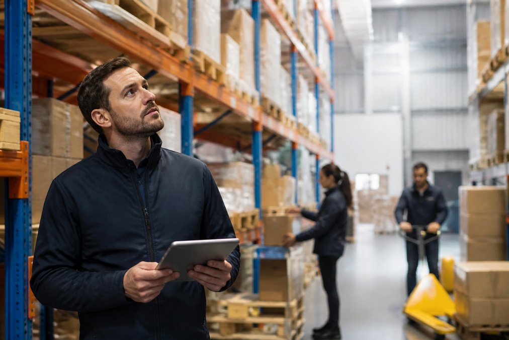 Responsabile di magazzino con tablet in mano che controlla le scaffalature di un magazzino ordinato, operatori logistici al lavoro sullo sfondo