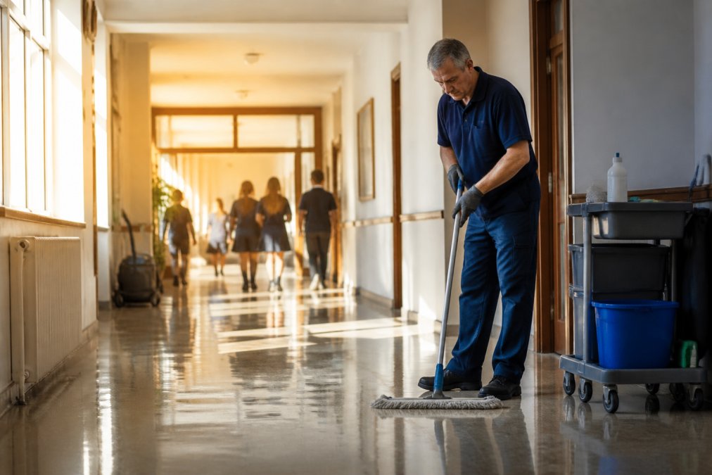 Professional caretaker in uniform cleaning a school corridor with professional-grade equipment, morning sunlight streaming through windows with blurred students in background