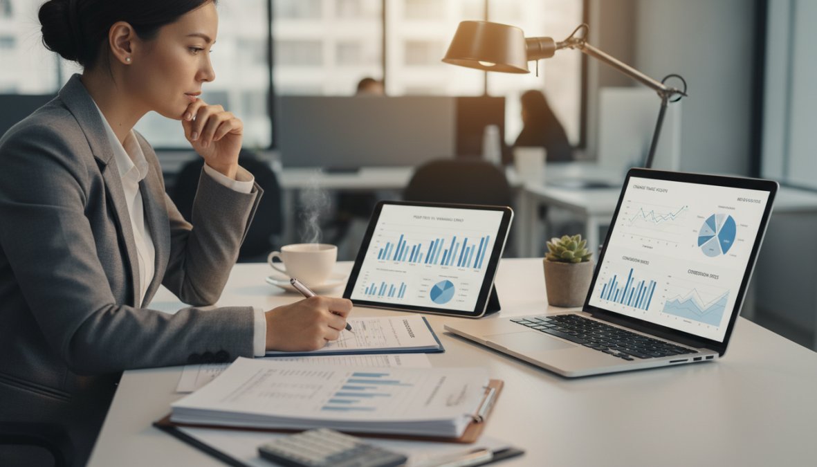 A business professional reviewing financial documents and a laptop showing marketing analytics side by side on a clean office desk under warm office lighting, suggesting careful budget decision-making