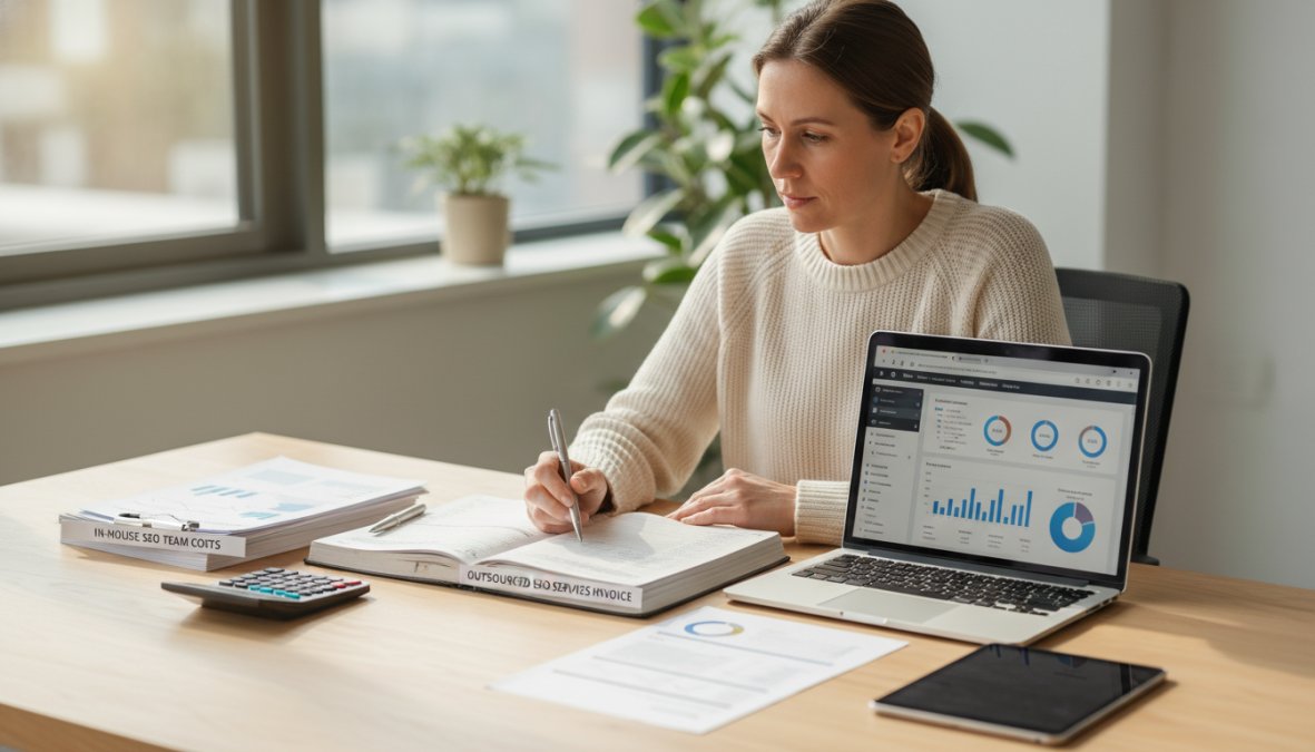 A diverse team of in-house marketers video-calling with an external agency partner on a large monitor in a modern open-plan office, collaborating on an SEO strategy session with visible whiteboards and laptops