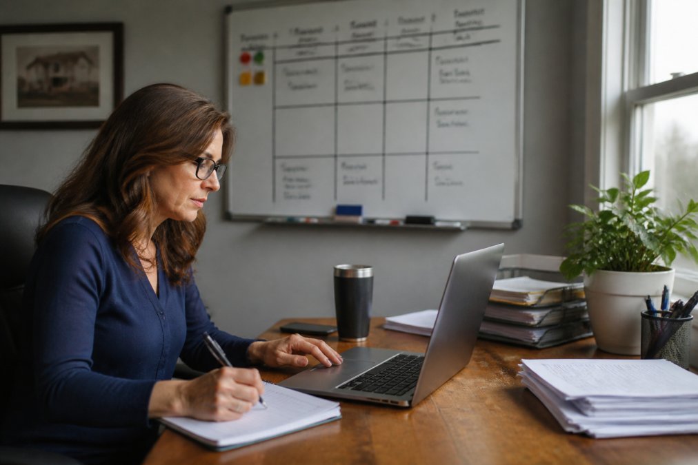 A home services office manager reviewing a dispatch schedule on a laptop while a virtual assistant appears on a video call screen in the background, with a whiteboard of job assignments nearby