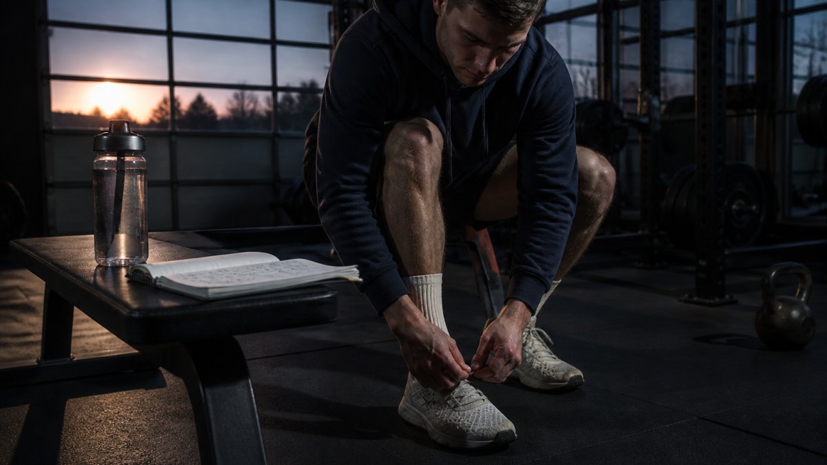 An athlete in a dark navy hoodie lacing up training shoes at dawn in a dimly lit gym, water bottle and notebook with a handwritten schedule on the bench beside them