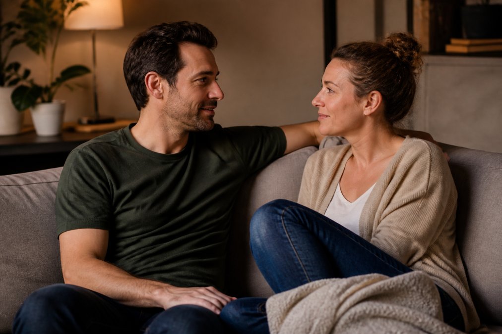 Koppel zittend op een bank in een warme, intieme omgeving met ontspannen lichaamstaal, oogcontact makend en in dialoog met elkaar