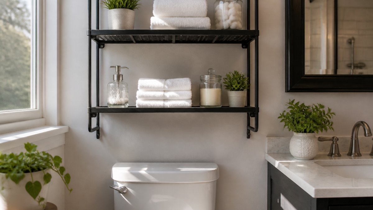 Close-up of a well-organized bathroom with metal wall-mounted shelves above a toilet holding neatly stacked white towels, glass containers of toiletries, and small decorative plants in natural morning light