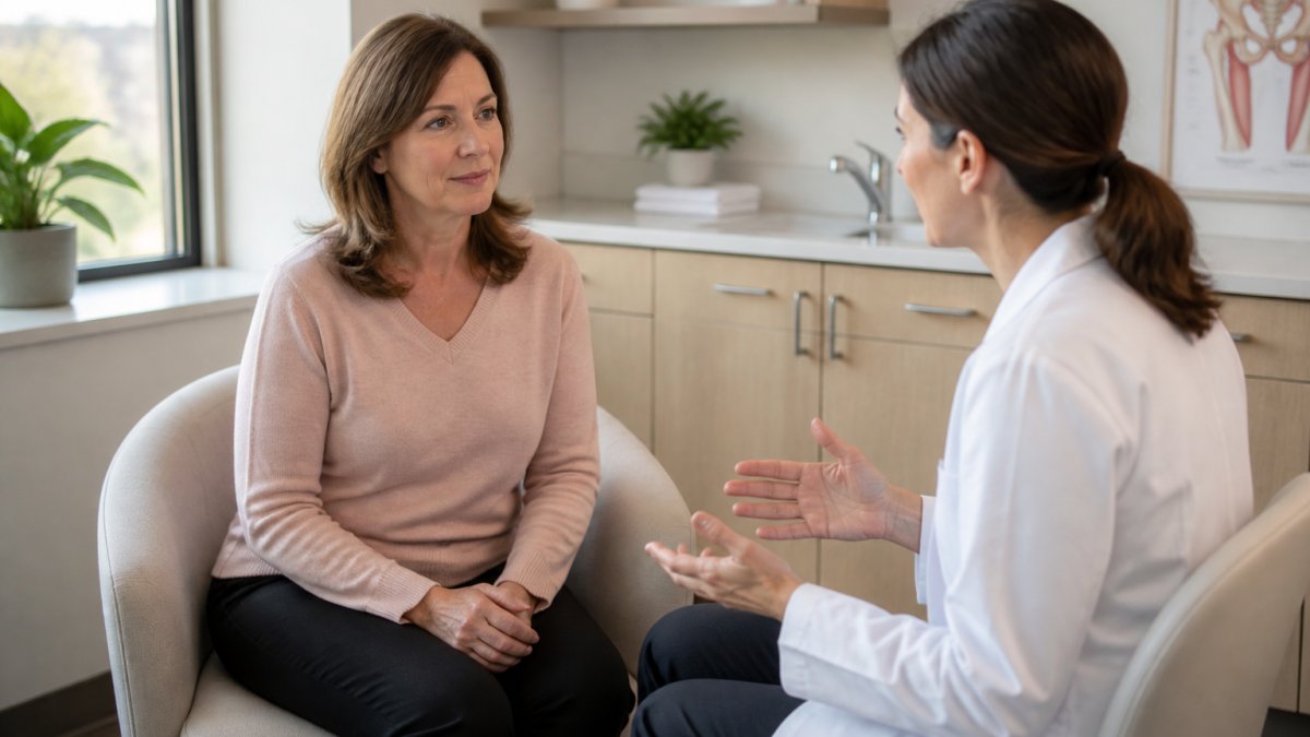 Woman in a clinical setting speaking with a healthcare provider during a consultation, both seated comfortably in a modern medical office with natural lighting