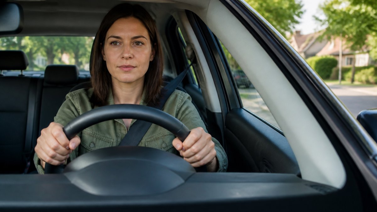 A driver with calm, focused expression gripping the steering wheel with both hands, sitting in a parked car on a quiet residential street during clear daytime, with trees and houses visible through the windshield