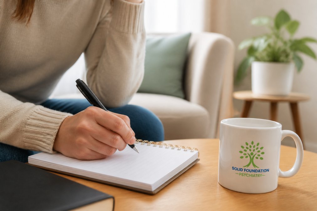 Close-up of someone writing notes on a notepad with a pen, preparing thoughts before an appointment in a calm, well-lit space