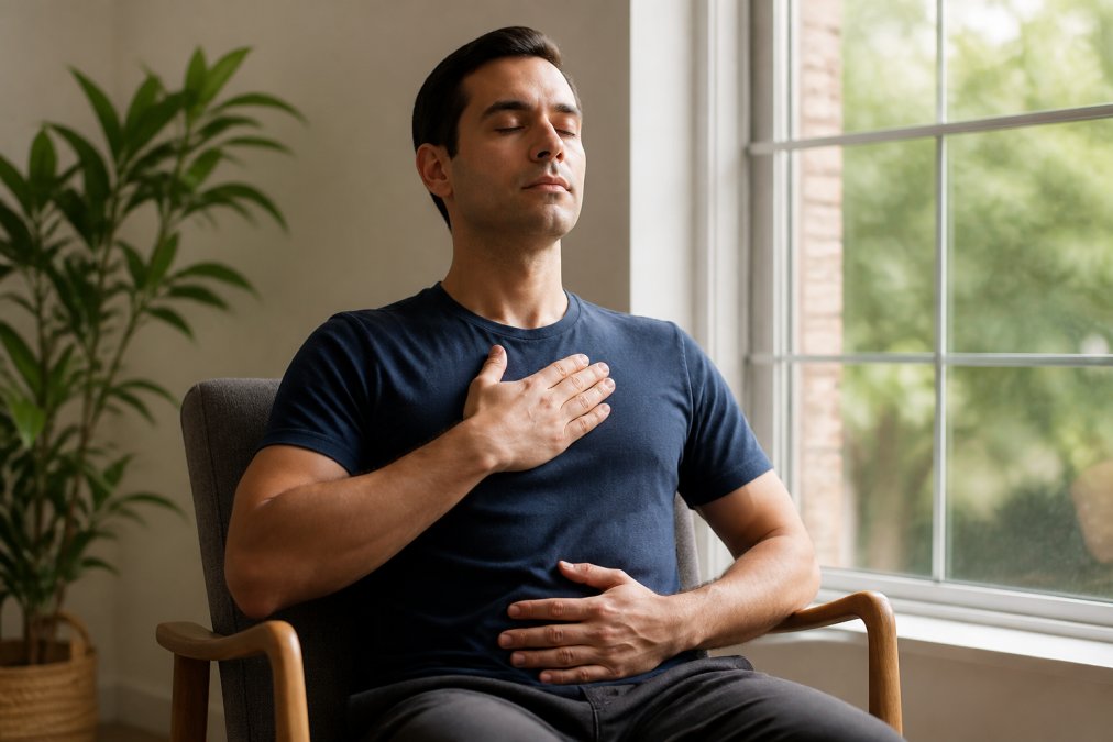 Person seated comfortably in a calm, natural-lit space with eyes gently closed, hands positioned for progressive muscle relaxation, demonstrating deep breathing practice