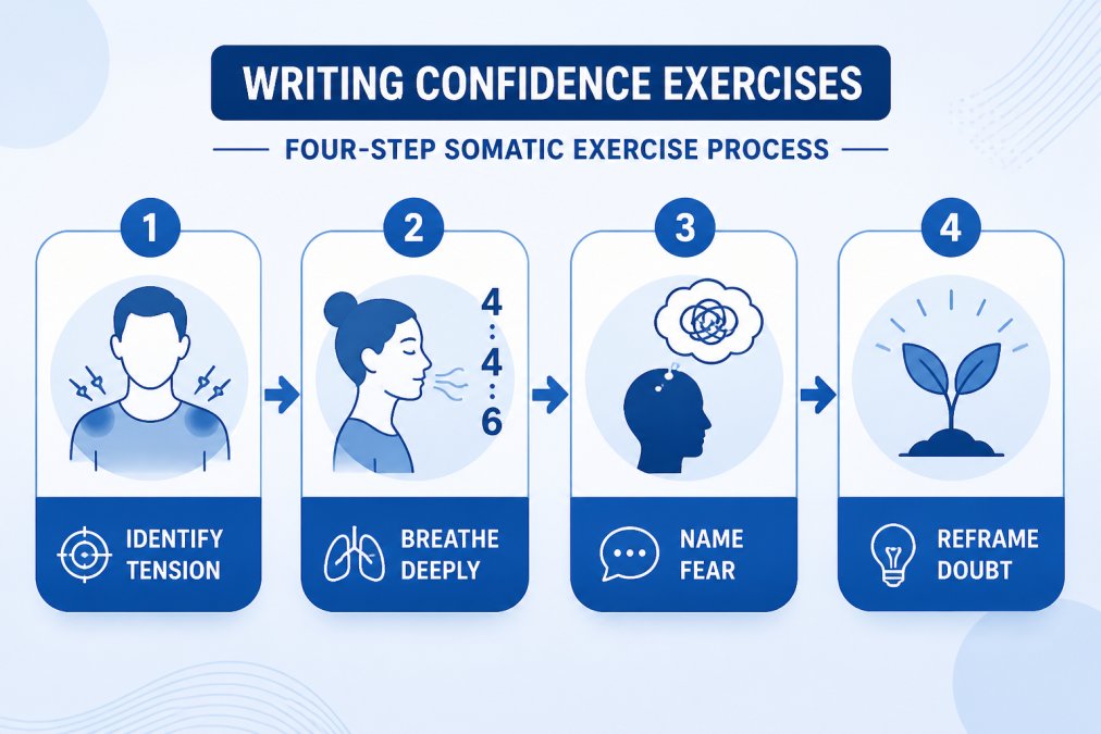 Flowchart showing four-step somatic exercise process: Step 1 Identify physical tension in shoulders and jaw, Step 2 Breathe deeply using 4-4-6 count technique, Step 3 Name the specific fear about your writing, Step 4 Reframe doubt as sign of creative investment