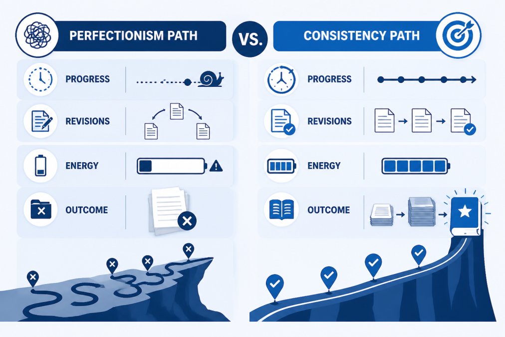 Comparison chart showing two paths: Perfectionism path (slower progress, repeated revisions, burnout, unfinished manuscripts) versus Consistency path (steady momentum, completed drafts, accumulated evidence, published work)