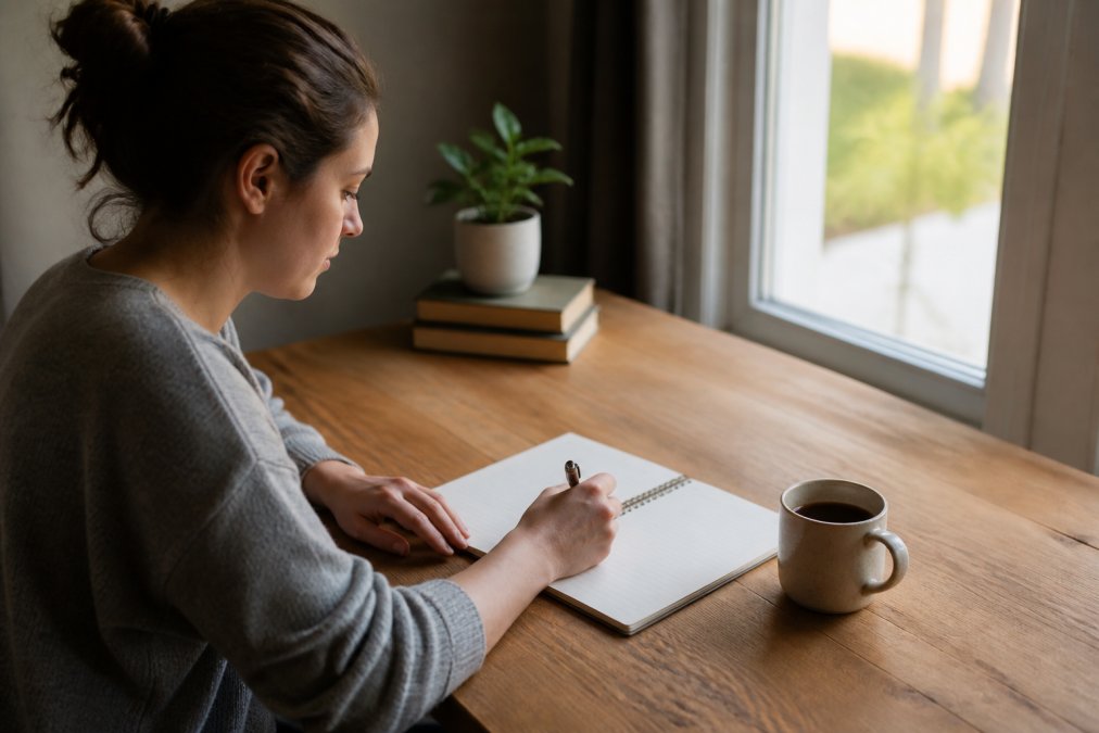 Person sitting at a wooden desk writing in a notebook with a pen, a cup of coffee nearby, natural light streaming through a window, conveying calm and focused self-reflection