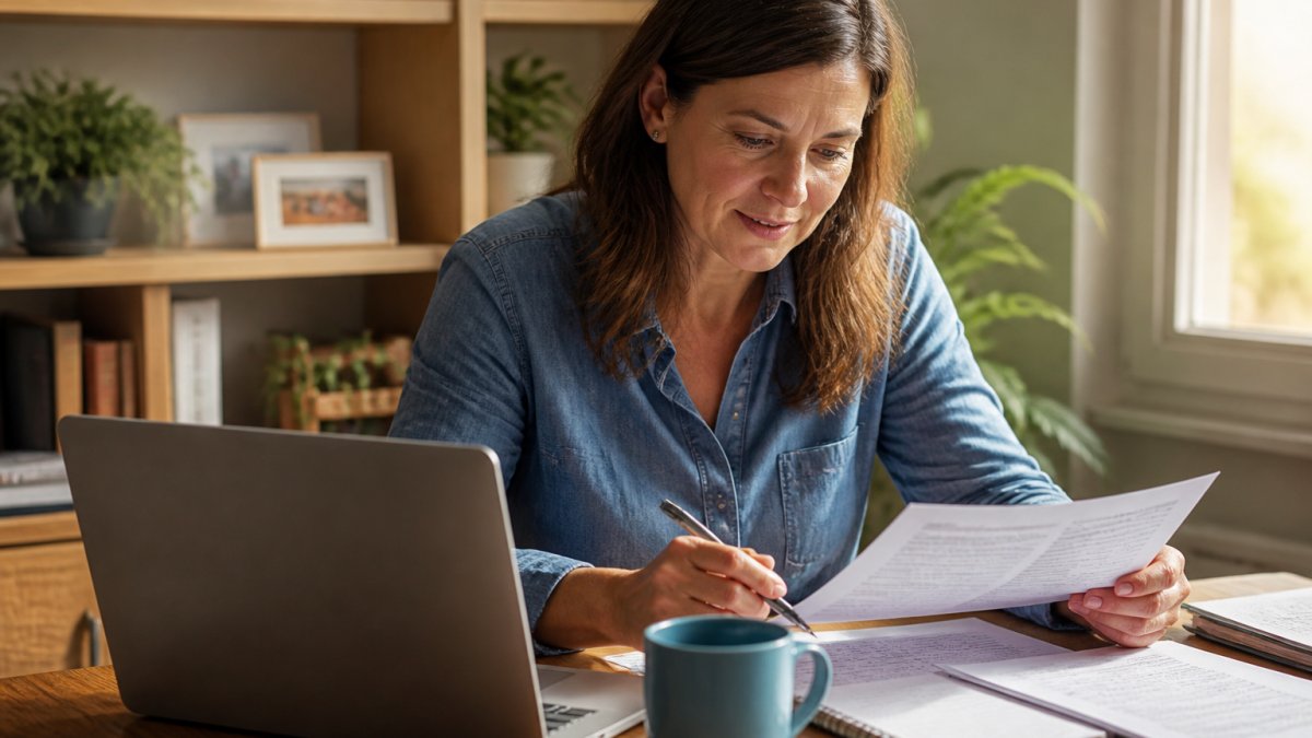 Focused educator reviewing job application materials at a home office desk with coffee