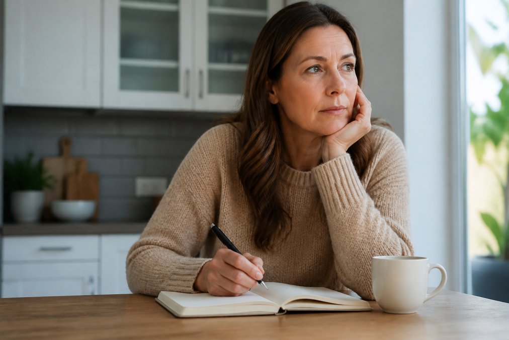 A woman in her 40s sitting at a kitchen table with a journal and pen, looking thoughtful and determined, with a cup of tea nearby in a calm home setting