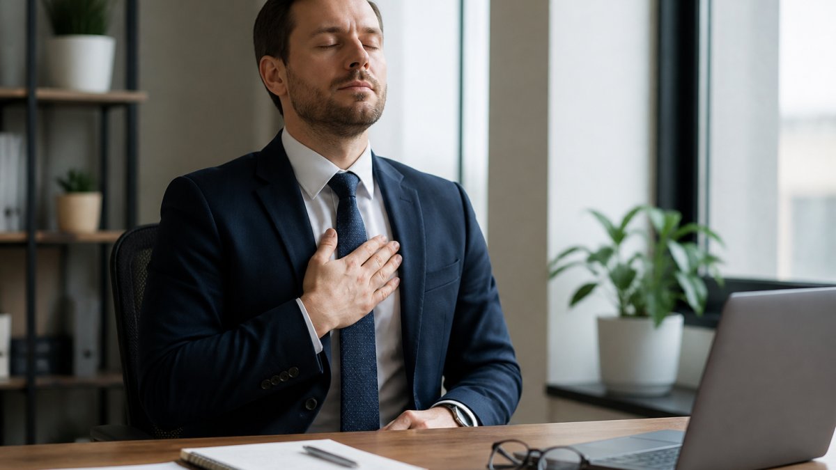 Professional in business attire taking a deep breath at their desk while overcoming anger in professional settings.