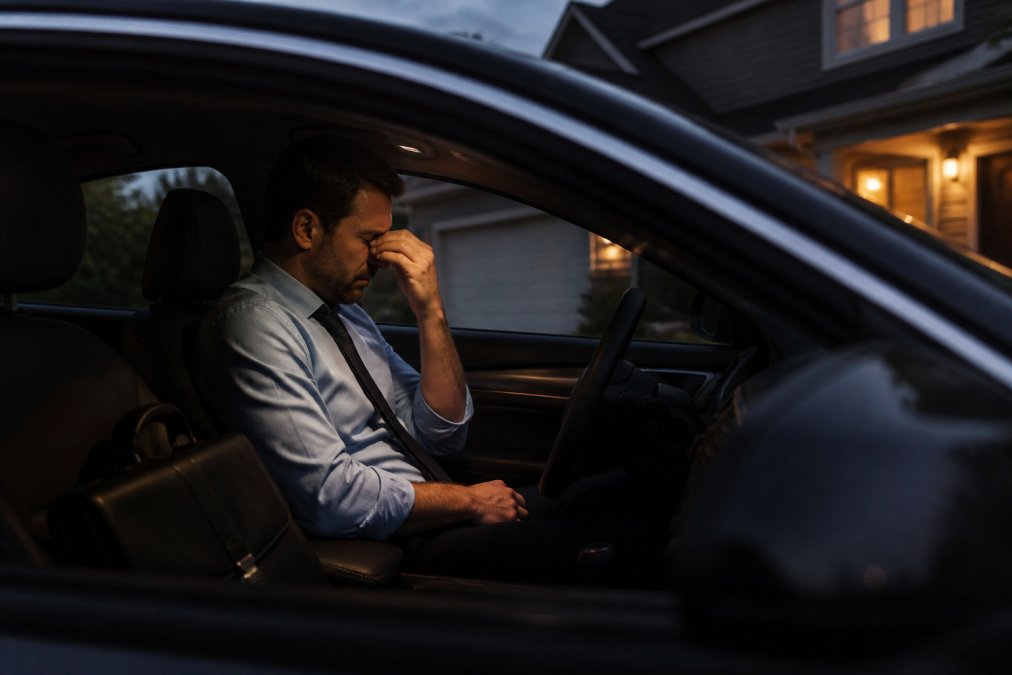 A father in his late 30s sitting alone in a parked car in a driveway at dusk, looking stressed while holding a briefcase on the passenger seat, with a family home visible in the background