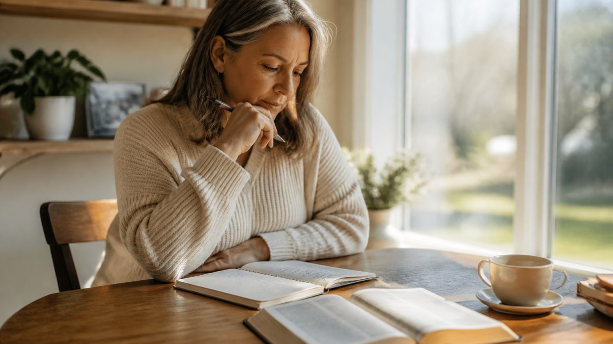 A woman in her fifties sitting at a quiet wooden table with an open journal and a Bible, morning light through a window, a cup of tea beside her, peaceful and reflective mood