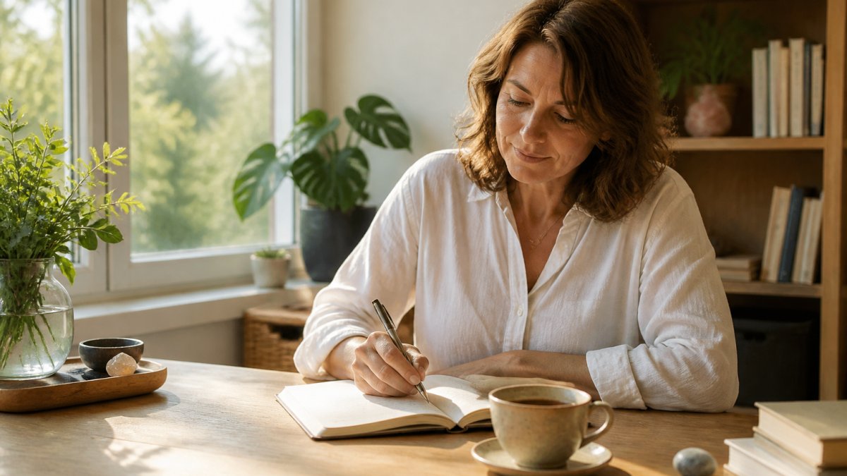 A person sitting at a calm, tidy desk in soft morning light, writing in a journal with a cup of tea nearby, looking rested and focused rather than stressed