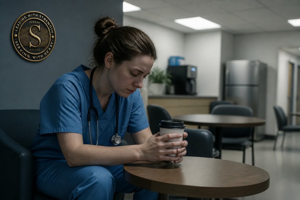 A visibly fatigued nurse sitting quietly in a hospital break room, head slightly bowed, hands wrapped around a coffee cup, fluorescent lighting casting a tired pallor over her scrubs and face