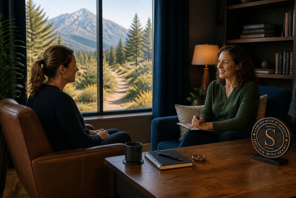 A healthcare professional in casual clothes sitting across from a coach in a comfortable, well-lit private office, both engaged in calm, focused conversation, warm natural light through a window behind them