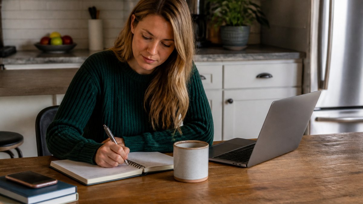 A real estate agent sitting at a kitchen table with a notebook, laptop, and coffee, writing out a weekly schedule with a calm, focused expression
