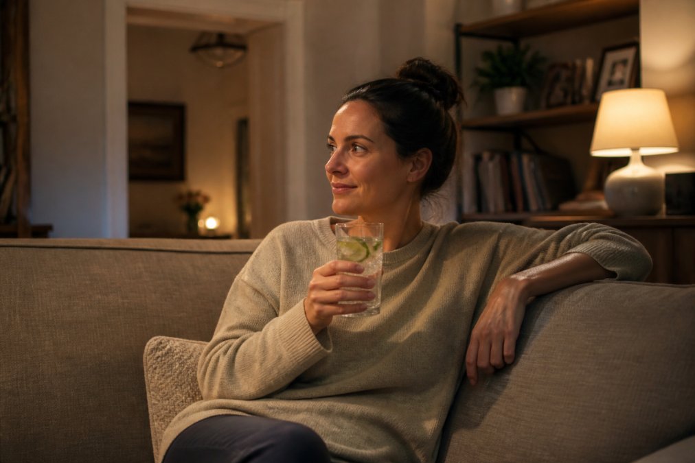 A parent relaxing with sparkling water on a couch to manage burnout without alcohol after the kids sleep.