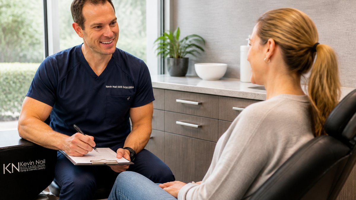 A dentist sitting at eye level with a patient in a consultation room, listening attentively with a notepad, warm natural light, patient appears relieved and comfortable