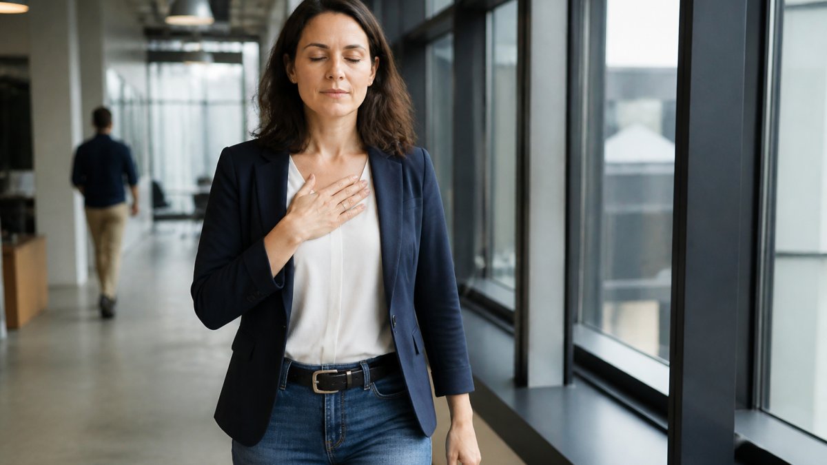Professional taking a deliberate breath at desk with hand on chest, moment of calm focus before responding to work conversation, natural office lighting through window