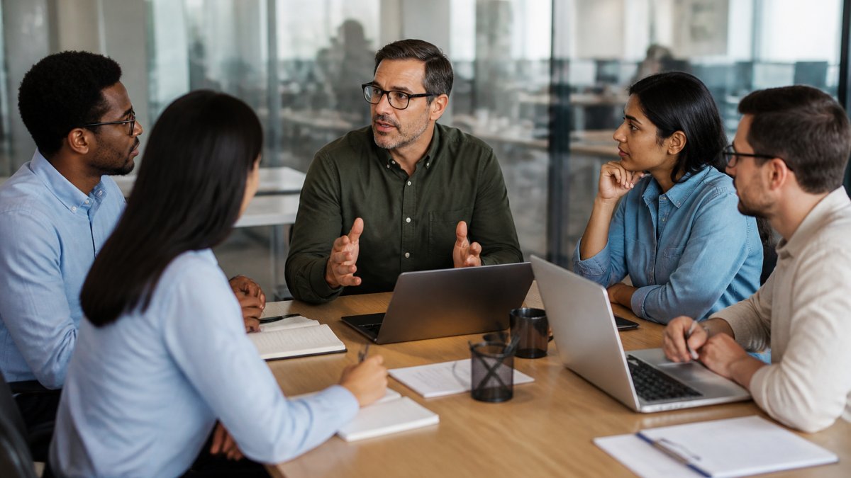 Professional team gathered around conference table engaged in collaborative discussion with laptops and notepads visible, demonstrating open communication in modern office setting