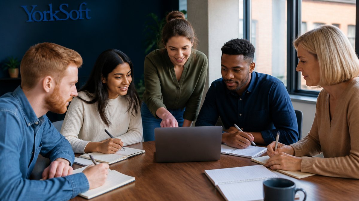 Diverse group of employees gathered around a laptop in a bright office environment, engaged in collaborative learning, taking notes and discussing new software features together