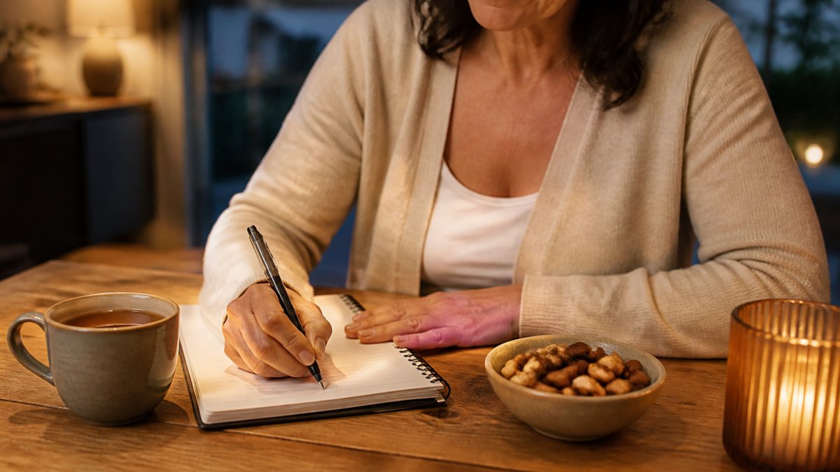 A woman journaling with herbal tea and nuts to manage evening food noise via a reflective nightly routine.