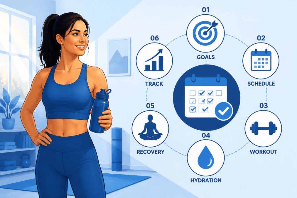 Busy working professional in gym clothes holding a water bottle, smiling in a bright home workout space with morning natural light streaming through windows, showing determination and readiness