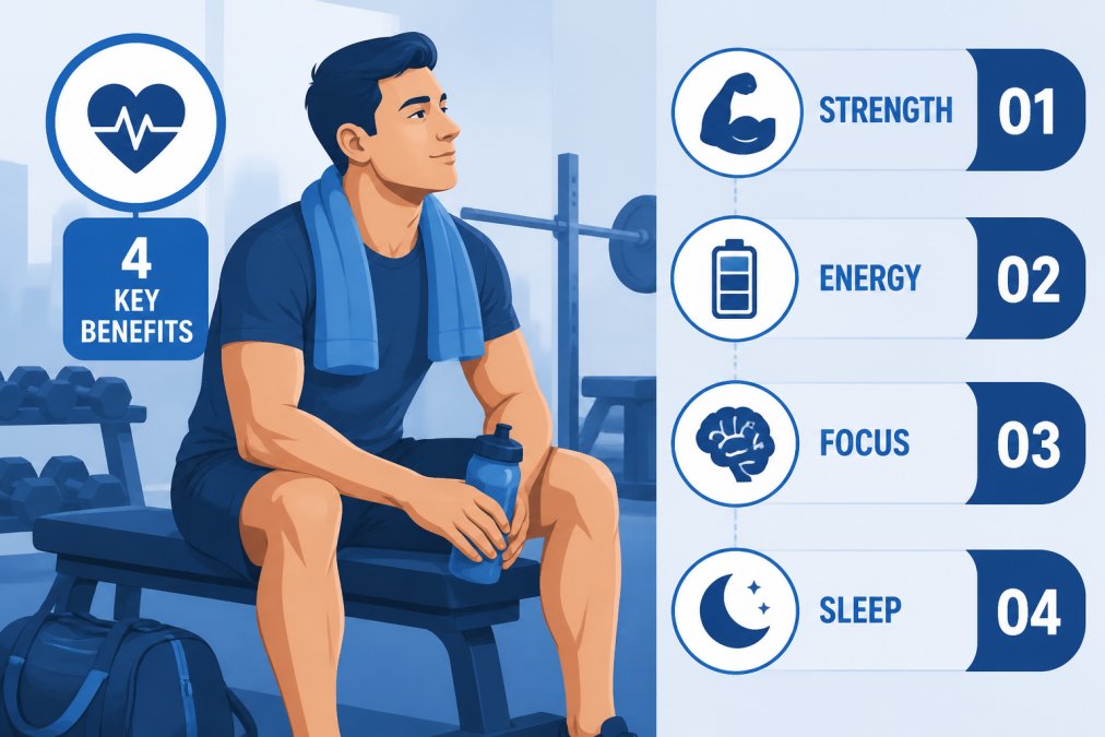Person resting after a workout sitting on a bench with a towel, looking focused and satisfied, showing proper recovery posture and mental resilience in natural gym lighting