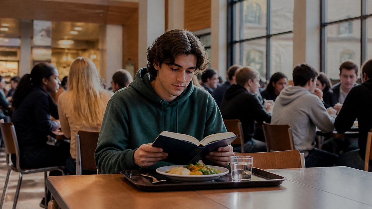 A college student sitting alone at a dining hall table with a tray of food, looking relaxed and reading a book, surrounded by other students at nearby tables in a bright, modern campus dining environment