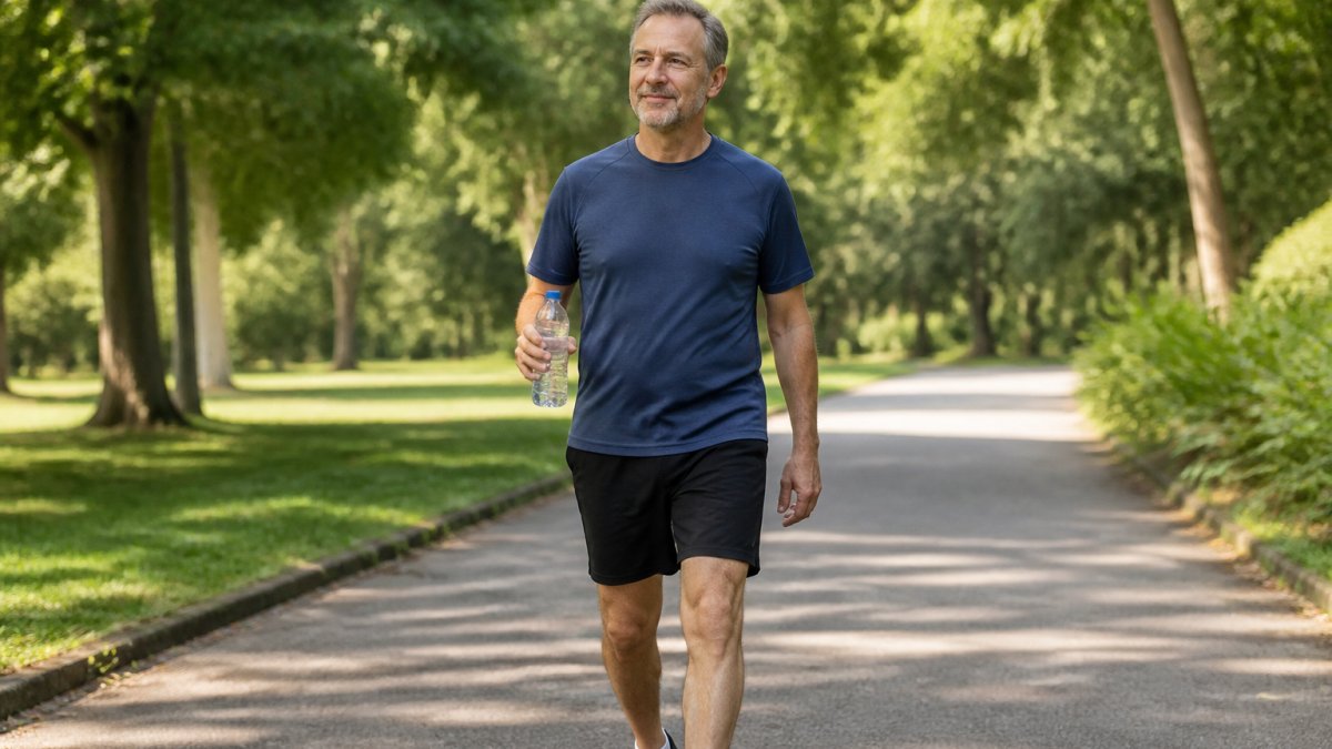 Middle-aged man smiling while walking slowly along a sunny park path holding a water bottle