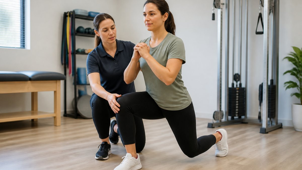 Physical therapist demonstrating proper movement assessment technique with patient in bright clinical setting, therapist observing patient's form with encouraging posture