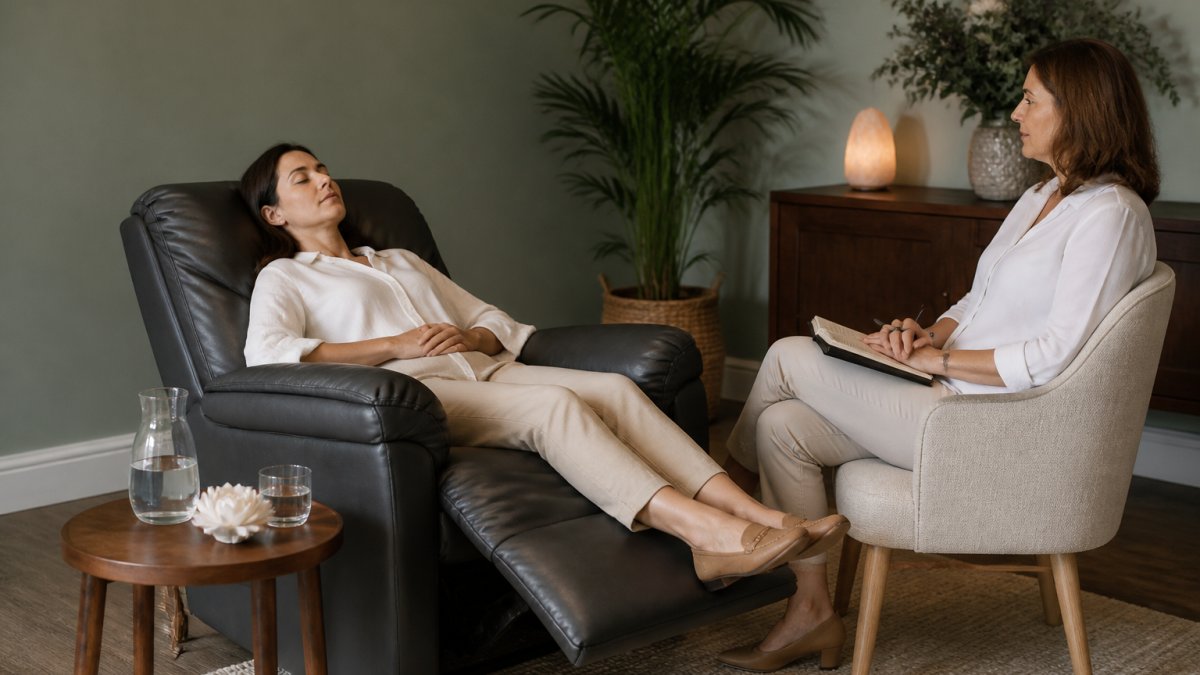A calm, softly lit therapy room with a comfortable reclining chair, a small side table and a notebook, with a hypnotherapist seated nearby in a relaxed posture