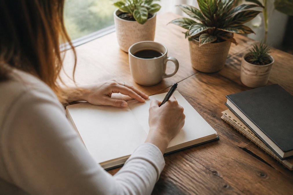 Person writing goals in a journal at a wooden desk with a cup of coffee and potted plants nearby, natural morning light streaming through a window