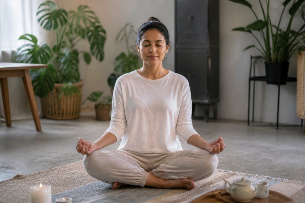 Woman sitting cross-legged in a peaceful home environment with soft natural light, practicing meditation with a serene and calm expression