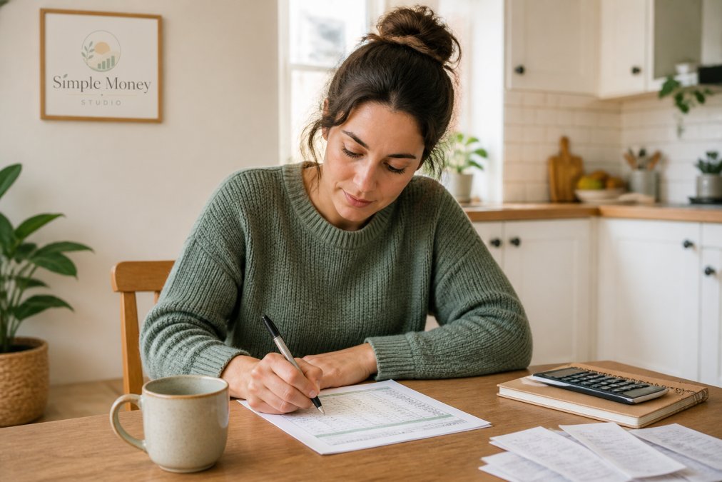 A young adult sitting at a kitchen table with a printed budget worksheet, pen in hand, and a cup of coffee nearby, looking calm and focused