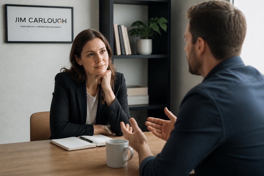 Two professionals sitting across from each other in a calm office setting, one listening intently while the other speaks, showing engaged body language and open posture