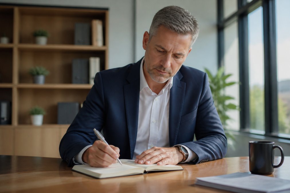 Professional business leader sitting at wooden desk with notebook and pen, writing down thoughts and accomplishments in a quiet, naturally lit modern office with soft afternoon light streaming through windows
