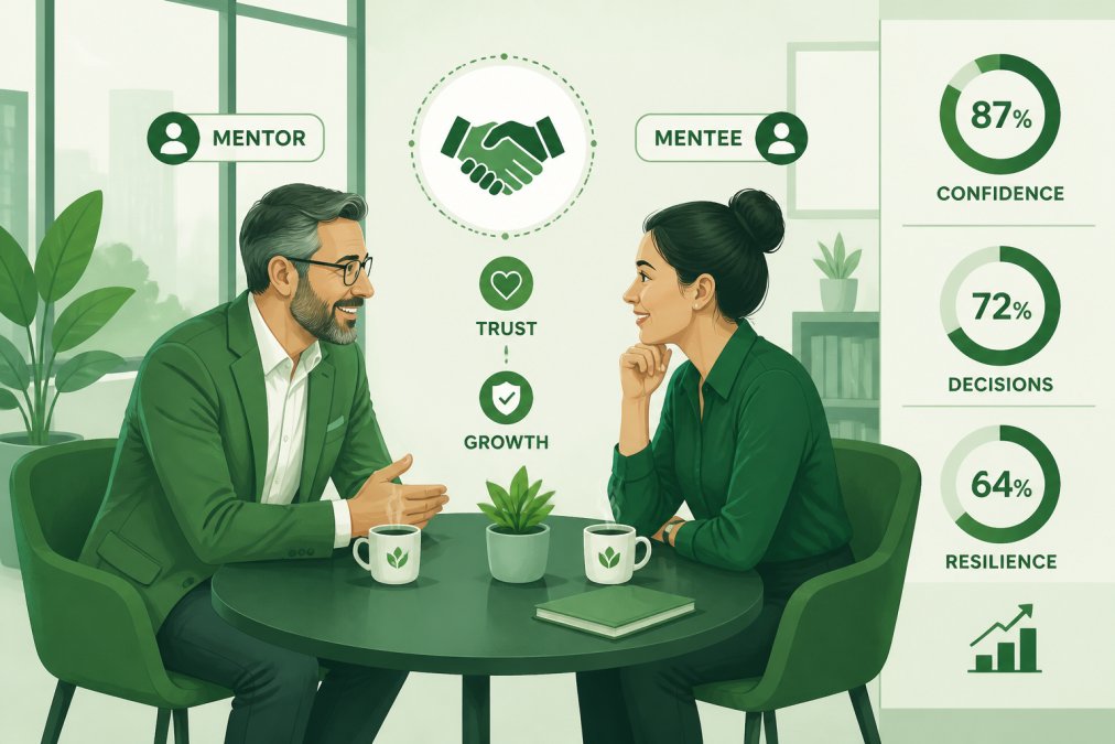 Two professionals having genuine conversation over coffee in modern office setting, one mentor and one mentee leaning forward with engaged body language, showing authentic connection and trust with natural office lighting