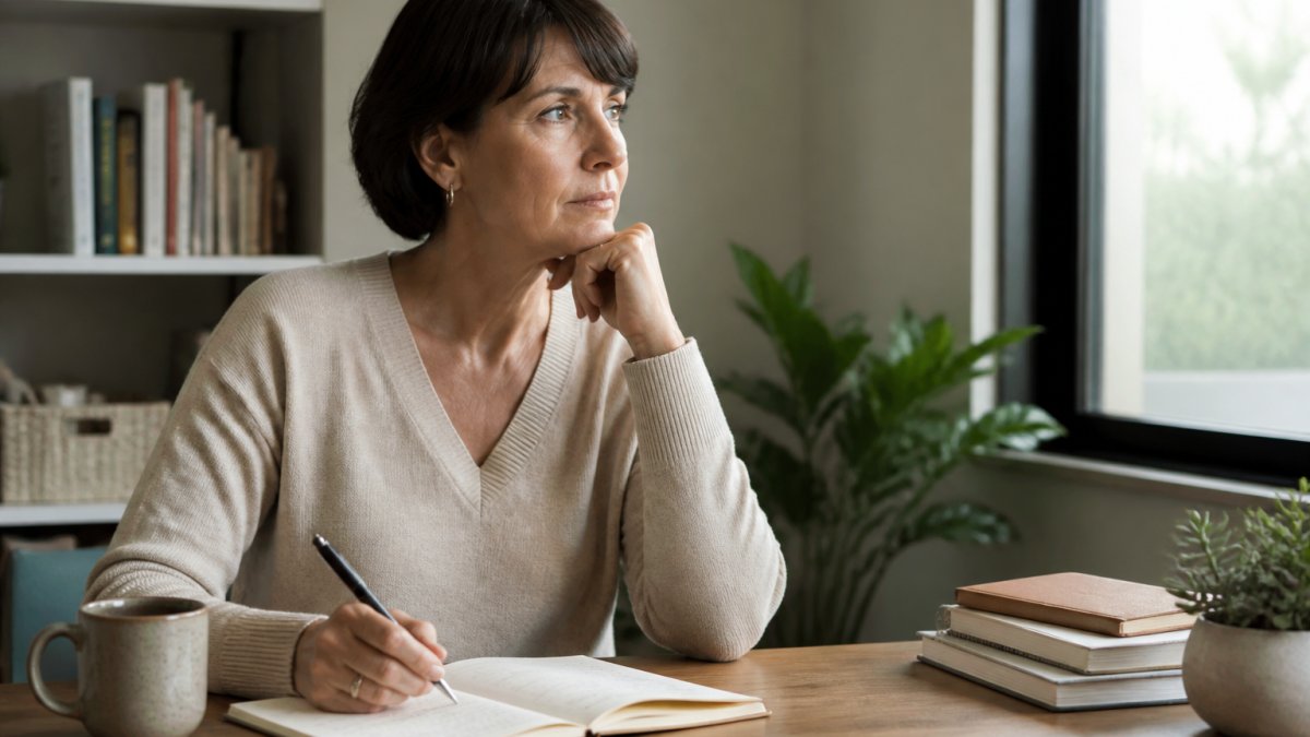 A woman in her 50s sitting at a desk with a journal and pen, looking thoughtfully at a laptop screen in a calm home office with soft natural light