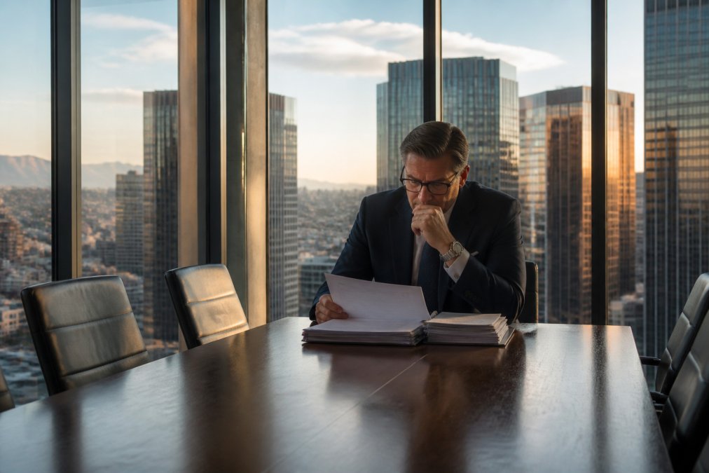 A senior executive sitting alone at a large conference table, staring thoughtfully at a stack of documents, with floor-to-ceiling glass walls revealing a city skyline behind them in late afternoon light